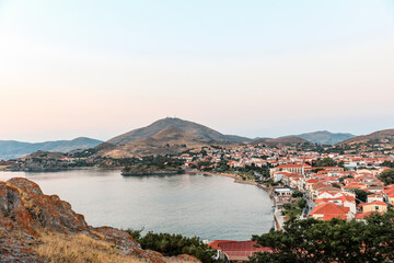 View from Byzantine Medieval Castle of Myrina in Lemnos or Limnos Greek island in the northern Aegean Sea summer vacation