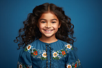 Cheerful Mexican Girl with Vibrant Blue Studio Background