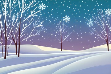 Beautiful snow land. Whimsical Landscape in winter with snow. Magical evenings in winter under snowfall. Digital illustration. Kids Cartoon Backgrounds. Children Story Book 2d illustration. 