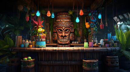 Tropical tiki in an island bar.
