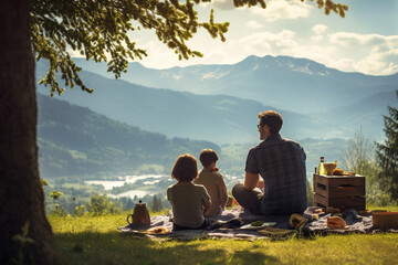 Mountain Serenity: Young Family Enjoys Picnic Amidst Breathtaking Landscape. Ai generated