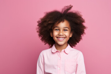 Obraz na płótnie Canvas Joyful African American Girl with a Playful Expression on Vibrant Pink Studio Background