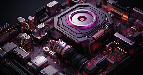 a detailed image of a piece of technology, in the style of light black and violet, light crimson and emerald, villagecore, intel core, grandiose environments, precisionism influence, miniaturecore
