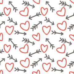 Seamless holiday pattern. Arrows and hearts. Black, red, white colors. Abstract background. Valentine's Day. Design for textile fabrics, wrapping paper, background, wallpaper, cover.