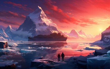 Hikers and Iceberg Panorama. Generative AI