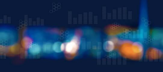Digital graphs and hexagon grids with blurred city lights at night