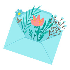 Envelope with flowers. Romantic letter with floral decor.