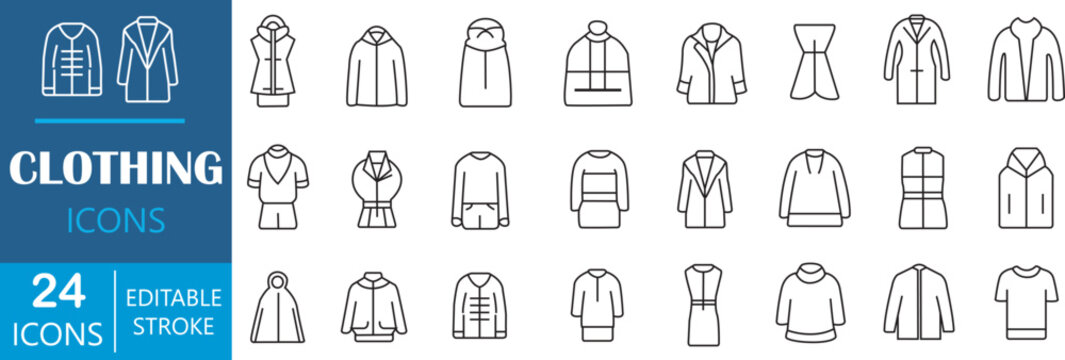 Clothing line icon set. Dress, polo t-shirt, jeans, winter coat, jacket pants, skirt minimal vector illustrations. Simple clothing outline signs for fashion.