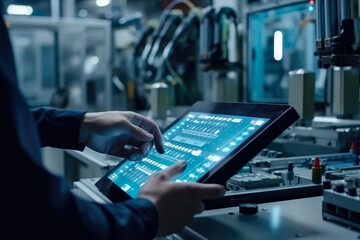Engineer using digital tablet checking on monitoring system software , Smart factory automotive industrial with tablet real time , Created with generative AI
