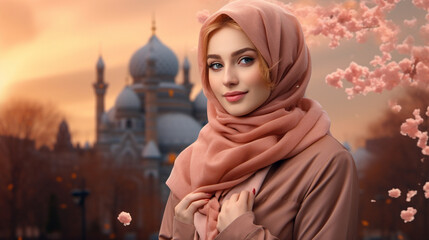 woman in hijab portrait on the background of beautiful places 