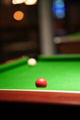 Snooker balls on the snooker table surface. Sport equipment object photo, selective focus.