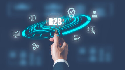 B2B Business Company Commerce Technology Marketing concept, Business People holding magnifying glass Design Ideas Concept. business planning