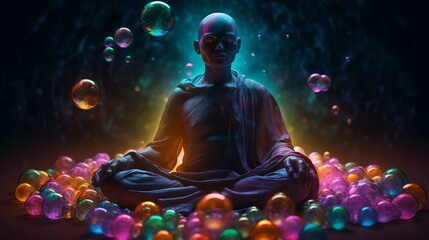A man sits in a meditation position surrounded by bubbles, 3D rendering Generative AI

