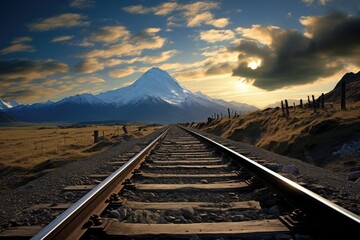 Railway track with mountain range in wilderness