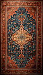 Persian carpet in red blue color with antique pattern on the floor top view