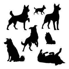 Vector illustration. Silhouettes of dogs of different breeds and sizes. Big set of animals.
