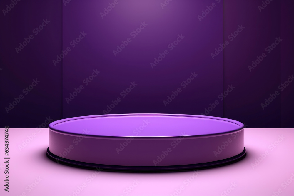 Poster Centered on a pink table, a round purple podium stands out on stage, bathed in mesmerizing spotlights. This setup elegantly highlights the product under the captivating illumination.
