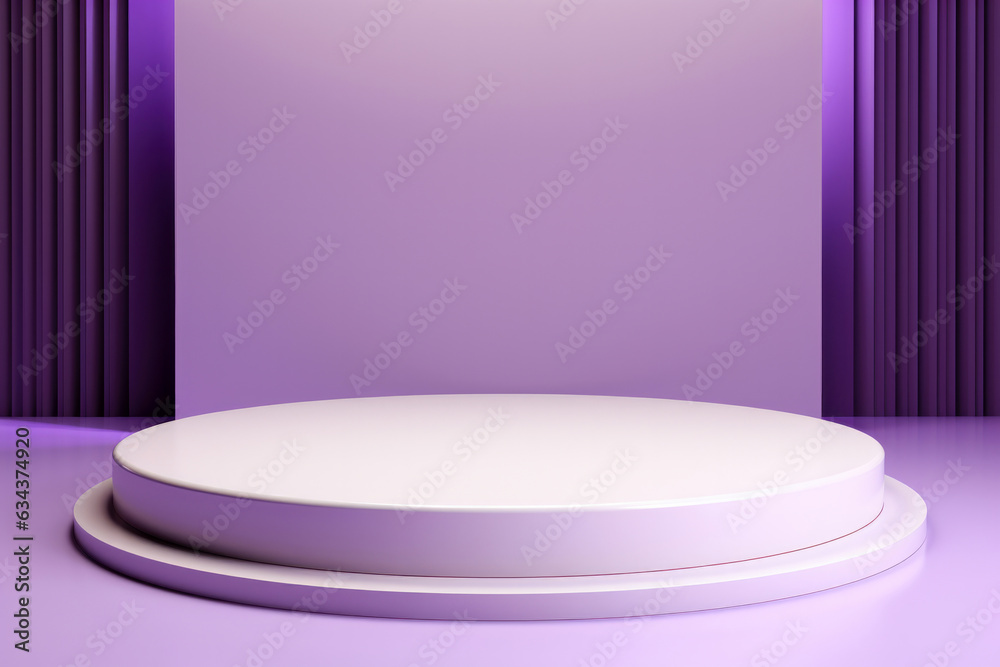 Poster a white round podium is placed in the middle of a purple square wall background. the striking contra