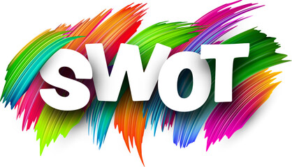 Swot paper word sign with colorful spectrum paint brush strokes over white. Vector illustration.