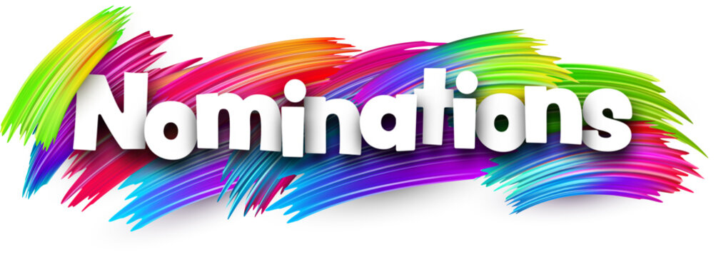 Nominations paper word sign with colorful spectrum paint brush strokes over white. Vector illustration.