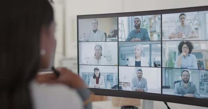 Business people, video conference and team on screen for online presentation, discussion and wave hello. Group, virtual communication and global webinar call on computer in office for digital meeting