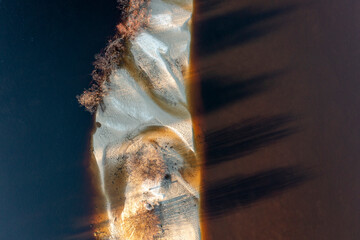 Sand bar on river Kerzhenets, spring, high water. Aerial view
