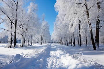 Panoramic view of frost-covered trees in snowdrifts. Magic winter forest.