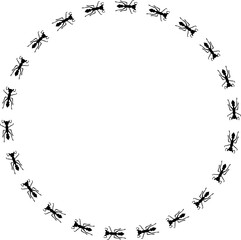 Ant silhouettes trail illustration in shape of circle