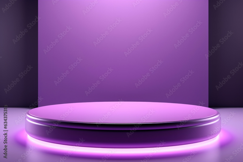 Poster round pink podium equipped with neon lights is placed in front of a purple wall background, creating