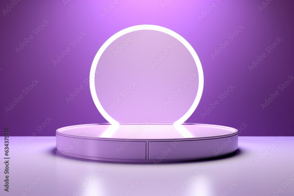 Poster a sleek purple round podium pops against a backdrop lit with neon, casting a mesmerizing light effec