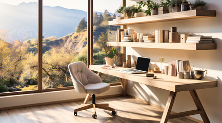this home office has a desk, chair and plants