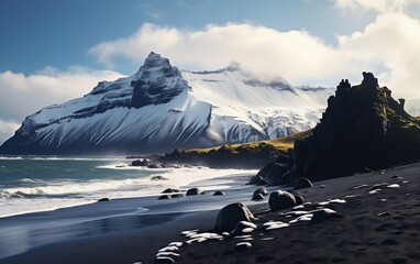 Snowy Mountain and Black Sand Beach. Generative AI