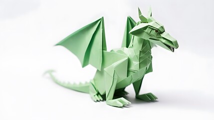 Beautiful origami green dragon isolated on white background - obrazy, fototapety, plakaty
