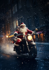 Santa Claus riding motorcycle in the night.