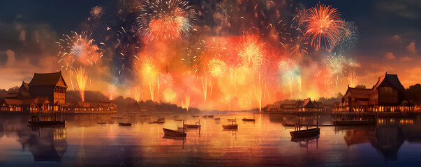 A panoramic digital painting illustrates a night sky ignited by a spectacular display of graphic fireworks, set against a backdrop of a beach, mountains, sea, and city.  Generative AI.