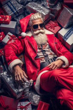 Attractive and handsome Santa Claus lying down on gift boxes.