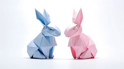Two origami rabbits on white background