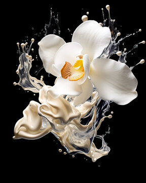 Orchid Flower with petals splashing into a milky creamy liquid. Concept of skincare, health and spa life. Isolated on black background.