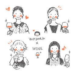 ワインを楽しむ女性たち　ナチュラルでお洒落な手描きの線画イラスト