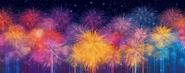 Fototapeta premium A panoramic digital painting portrays a night sky illuminated by a stunning display of graphic fireworks, capturing the essence of a captivating festival. Generative AI.