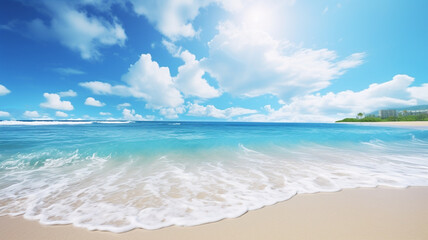 Fototapeta premium A summer vacation, holiday background of a tropical beach and blue sea and white clouds with sun flare. Generative AI