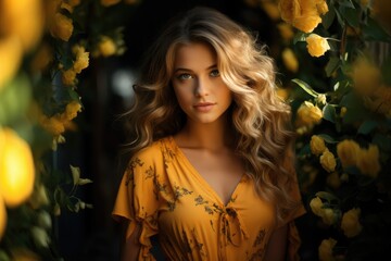Beautiful young woman in yellow dress outdoors in flowers