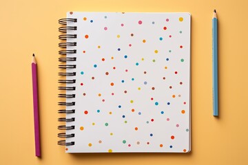 school notebook on a yellow background, spiral notepad on a table