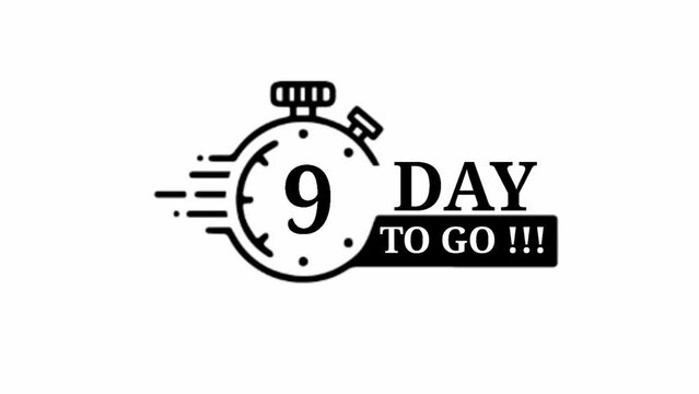 9 days left. Vector emblem with the number of days remaining. label, black alarm clock flat with ribbon, ,Clock icon. Time icon. Count time sale. Motion design