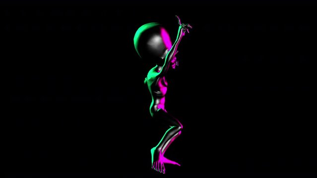 Seamless loopable animation of a glass alien dancing isolated with alpha channel.