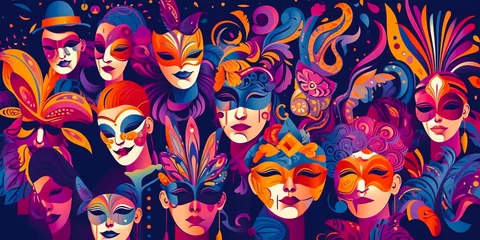Poster Celebrate the masquerade theme. Illustration of masks, patterns and festive people for backgrounds or invitations. Ideal for carnival parties and festivals. © Yuri