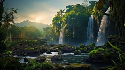 Eden's Majestic Waterfall: A Magical Evening in Bali's Tegenungan among Tropical Palm Trees and Jungle Vegetation. Generative AI