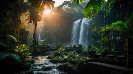 Rolgordijnen Eden's Majestic Waterfall: A Magical Tropical Evening Amidst Palm Trees and Jungle Vegetation in Bali, Indonesia. Generative AI © AIGen