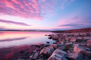 Evening hues over Hudson Bay's Harbour Islands coastline near Arctic Circle in Nunavut, Canada. Witness the midnight sun amidst climate change. Generative AI - obrazy, fototapety, plakaty