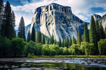El Capitan, Yosemite National Park - Breathtaking Landscape Photography of Majestic Mountain Amidst Blue Skies Over Lush Green Forest: Generative AI - obrazy, fototapety, plakaty